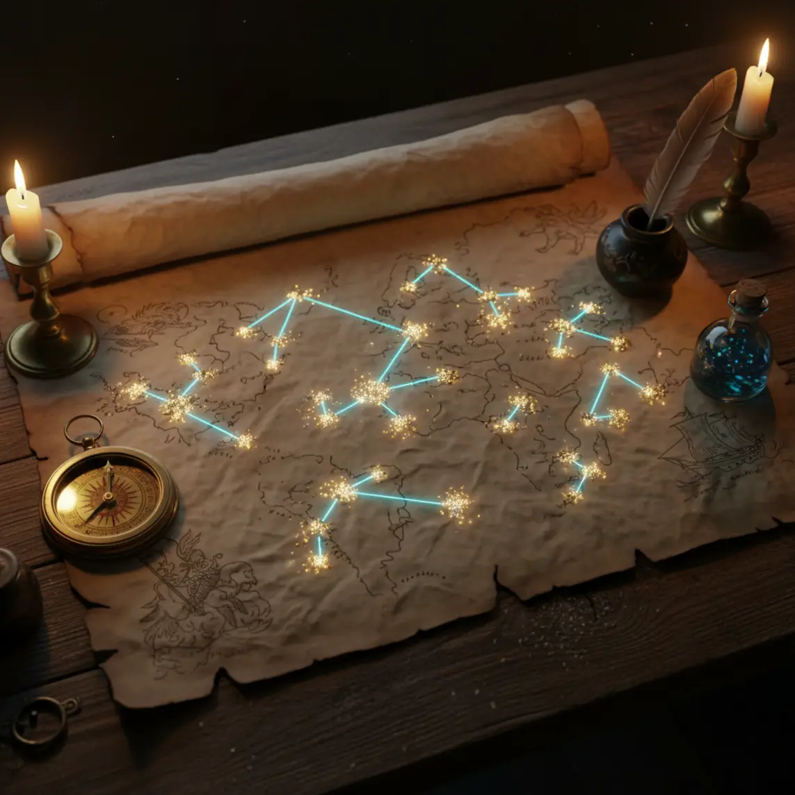 Mappa stellare su pergamena con costellazioni sbloccate