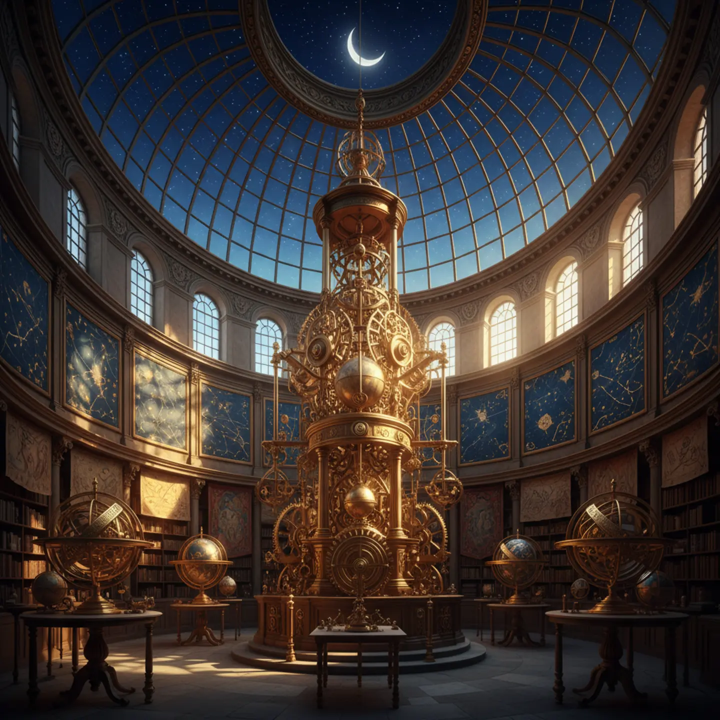 Osservatorio astronomico dorato e cobalto con lenti antiche